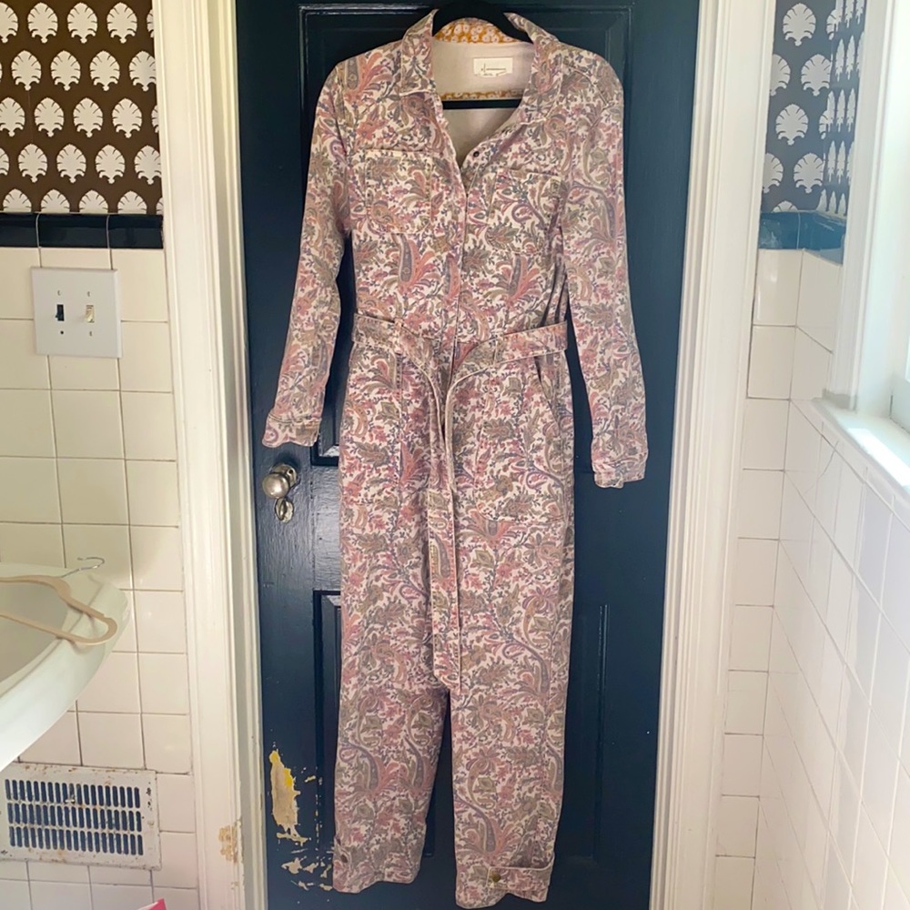 Anthropologie paisley denim boiler jumpsuit in mauve. Size XS